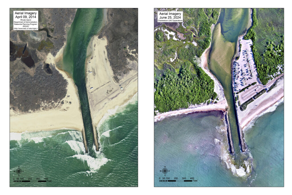 Aerial images from 2014 and 2024 show the breachway with sandy beach on both sides in 2014 and with very little beach on the west side in 2024. Siltation into the pond is also visible in 2024.