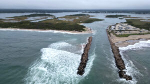 Aerial view of the Charlestown Breachway showing overwash