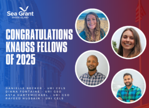 Danielle Becker, Diana Fontaine, Asta Habtemichael and Rafeed Hussain in front of a background of the US Capitol Building with the words Congratulations Knauss Fellows of 2025