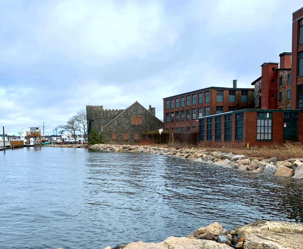 View of Bristol Maritime Center during a high tide