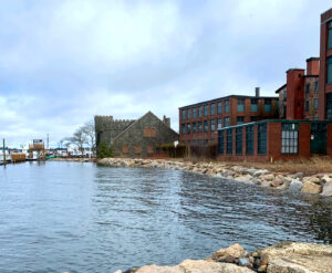 View of Bristol Maritime Center during a high tide