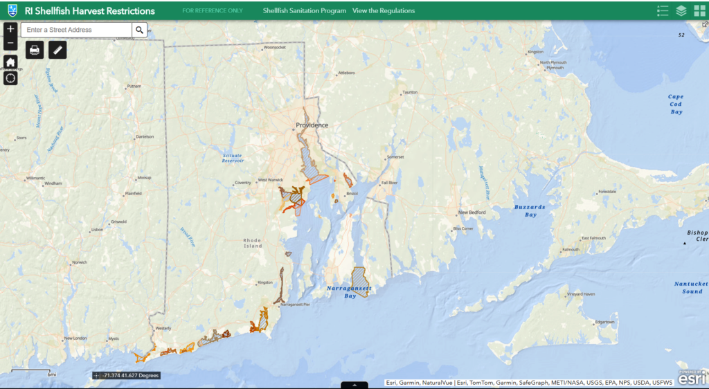 Map of RI shellfish growing areas and Buzzards Bay