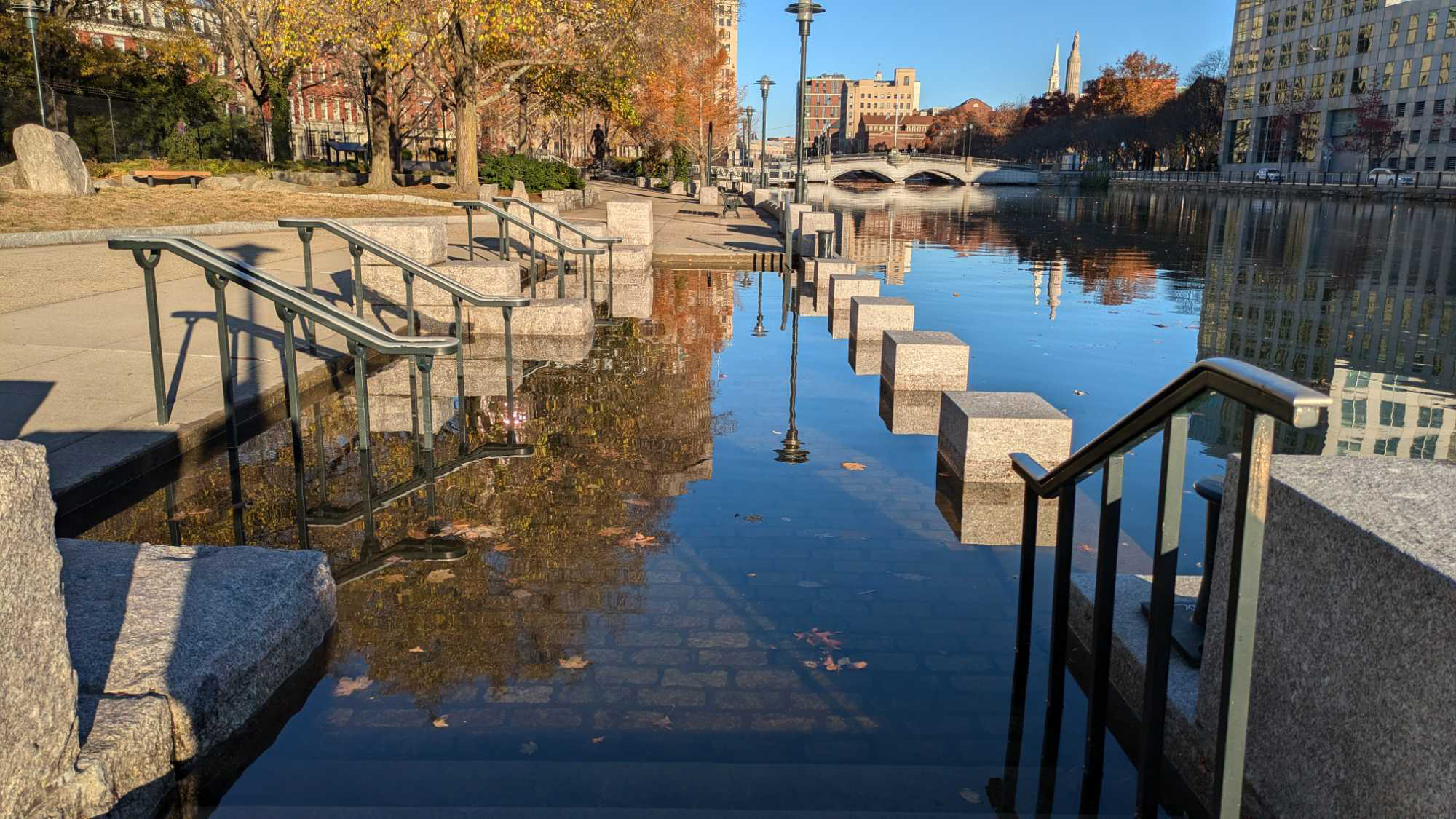 A view of high-tide flooding at Waterplace Park in Providence