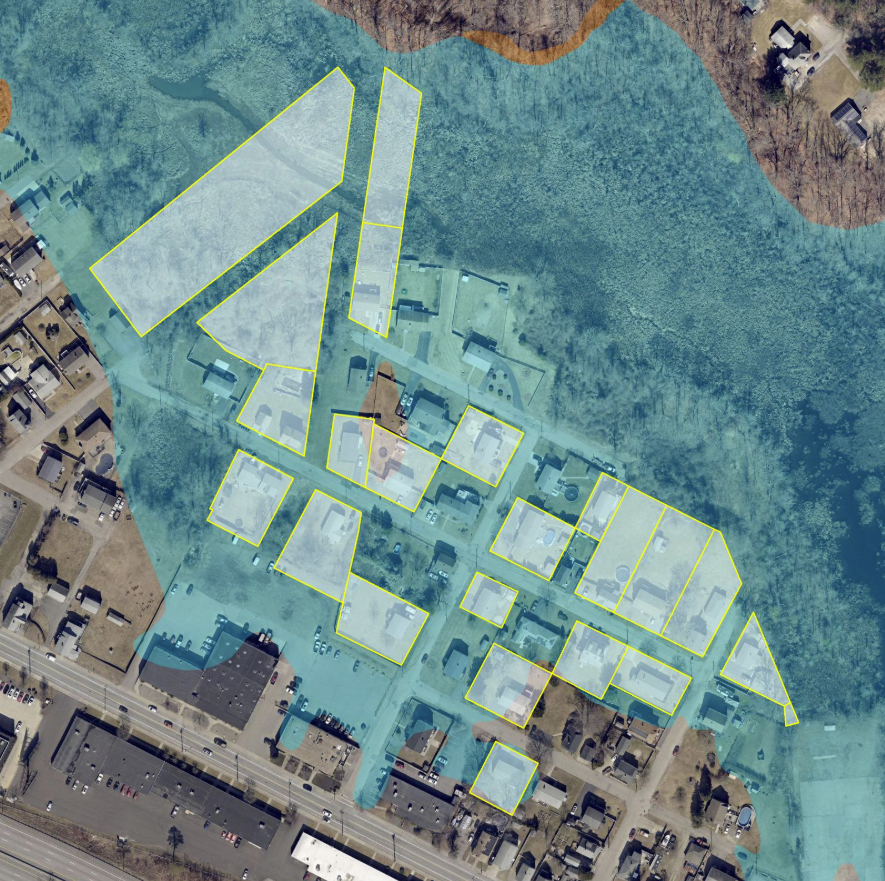 GIS map showing flooding, area where homes have been purchased for buyouts
