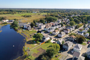 An aerial view of Belcher Cove in Warren showing high water levels