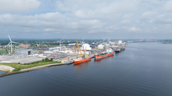 aerial view of ProvPort with cargo vessels docked.