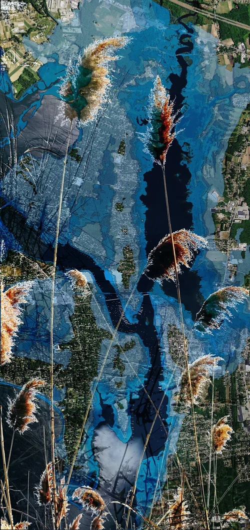 Artistic rendering of a seal level rise map with grasses superimposed over it.