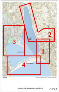 Map of Easton's Pond, Braga Park, and First Beach area sextioned into 4 quadrants
