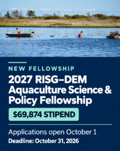 Small boat and people in waders in the water. Text reads: New fellowship 2027 RISG-DEM aquaculture Science and Policy fellowship